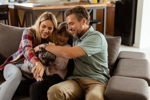 Family bonding time with playful french bulldog pup in cozy living room