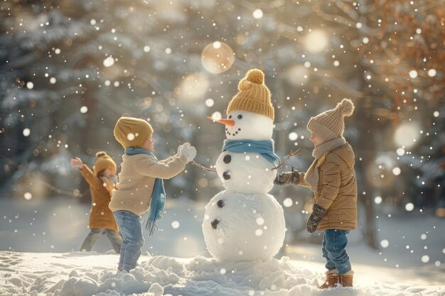 Photo family building snowman nature winter outdoors