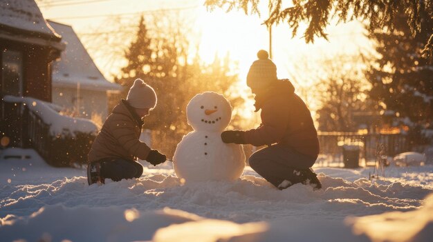 Photo family building a snowman in their backyard with a beautiful snowy backdrop and golden hour lighting