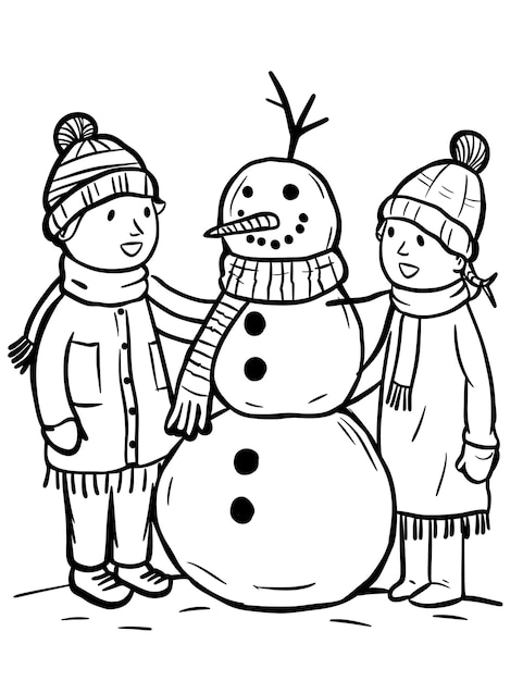 A Family Building a Snowman Together Christmas Snowman Coloring Page