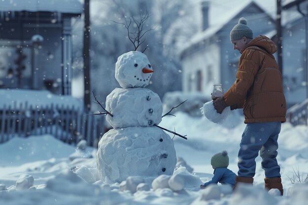 A family building a snowman in the yard