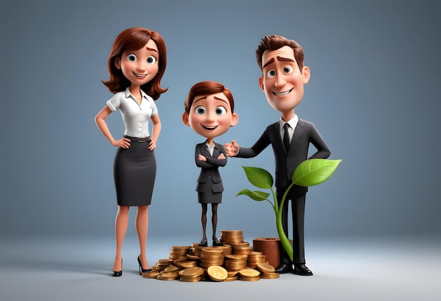 Family Business Success A Cartoon Family Standing With a Growing Plant