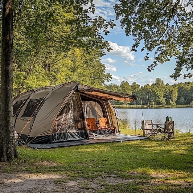 Family camping tent with multiple rooms and a porch pitched by a lake