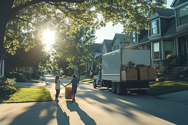 Family carrying cardboard box moving into house at sunset