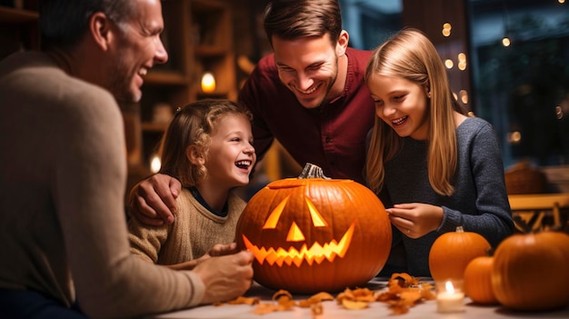 Family carving Halloween pumpkin