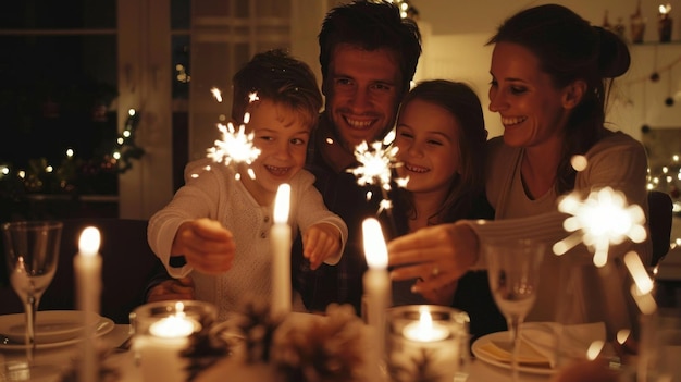 Family Celebrates With Sparklers at a Festive Dinner