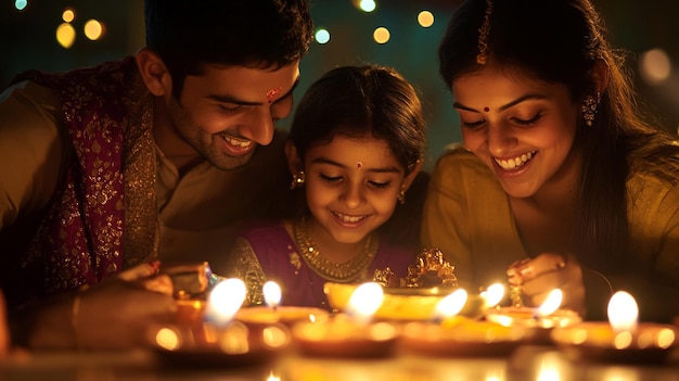 A family celebrating Diwali with lights sweets and joy in their home during the festival of lights