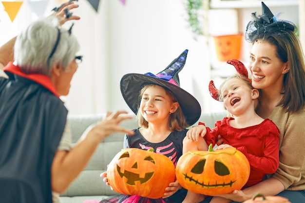 Family celebrating Halloween