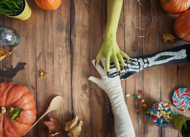 Family celebrating Halloween