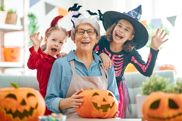 Family celebrating Halloween