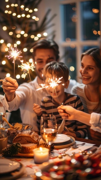 Family Celebrating With Sparklers and Christmas Dinner