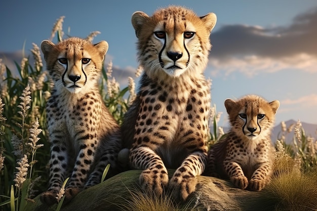 Family of cheetah in the meadow Mammals Wildlife Animals Illustration Generative AI