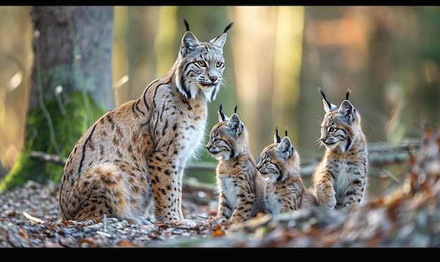 a family of cheetahs are sitting in the woods