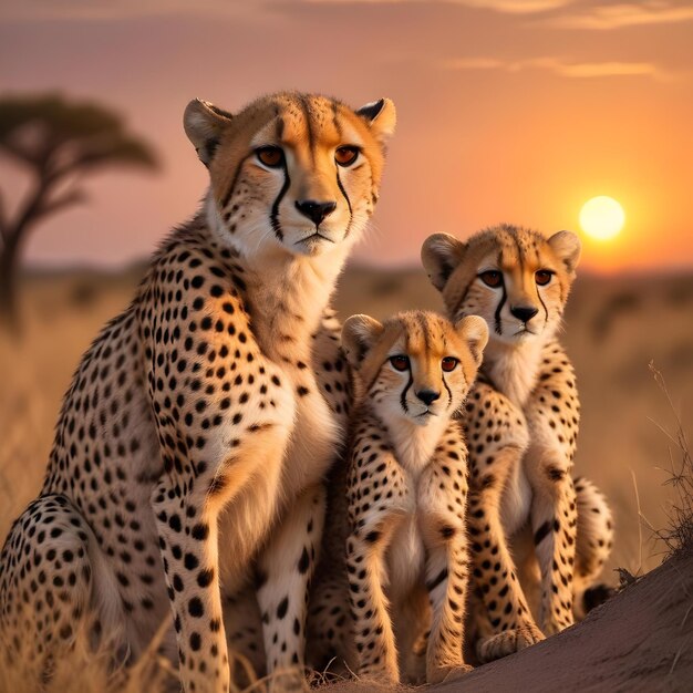 a family of cheetahs are standing in the dry forest