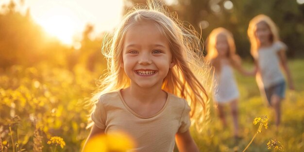 Photo family children running through meadow on warm and sunny day