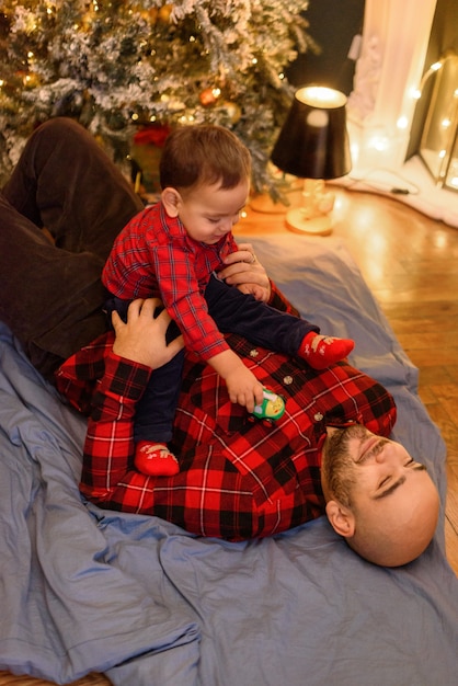 Family in Christmas decorations