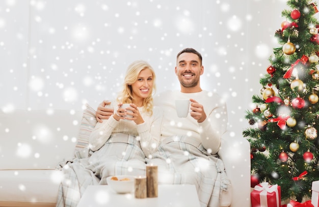 family, christmas, holidays, love and people concept - happy couple covered with plaid drinking tea and sitting on sofa at home