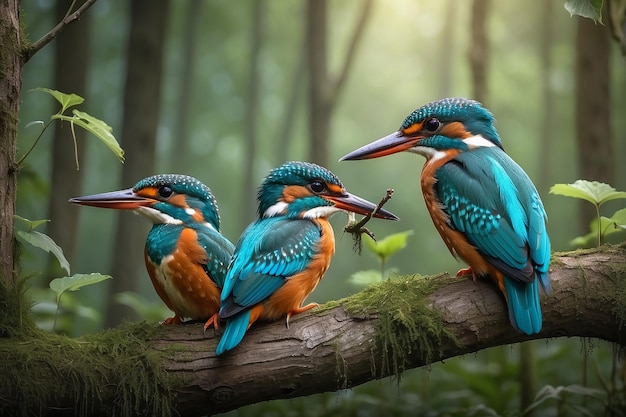 family of common kingfisher in the forest