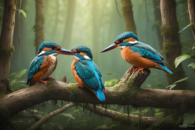 family of common kingfisher in the forest