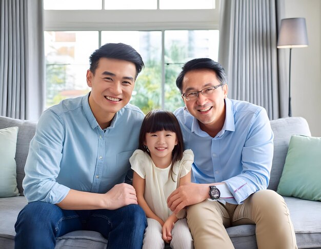 Family consisting of oriental gay parents with their little daughter sitting on the sofa at home