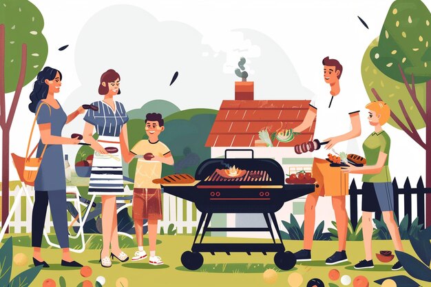 Photo a family cooking outside in a sunny day