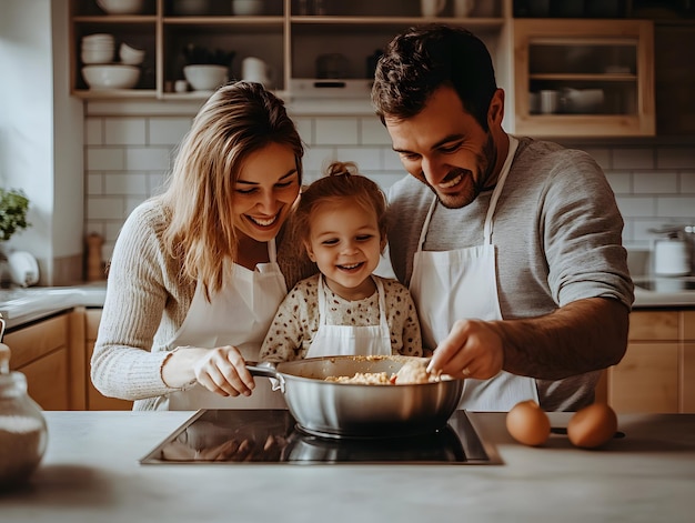 Photo family cooking together in the kitchen