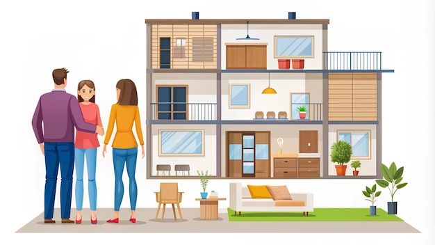 Photo family couple buying or renting new apartment or house concept of home interior design space planning and real estate purchase colored flat vector illustration isolated