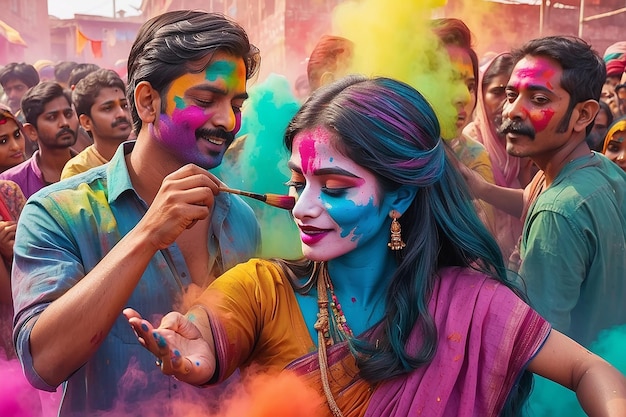 Family or couple celebrating holi in the park rood