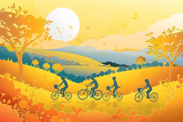 Family cycling on a scenic path vector paper cut style summer day with golden sunlight