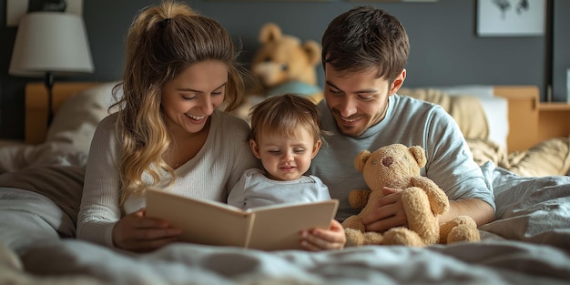 Photo family daughter are reading the in the room reading a book