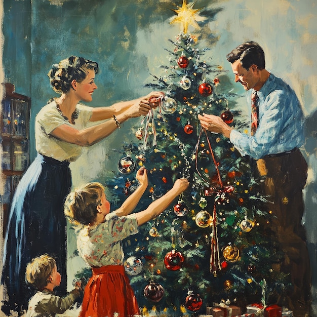 Photo a family decorates their christmas tree with ornaments and garlands