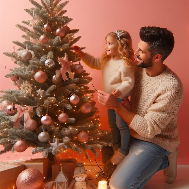 family decorating christmas tree