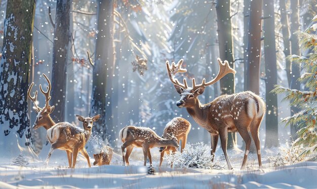 Family of Deer Foraging in SnowCovered Forest