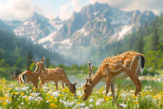 A family of deer grazing in a meadow