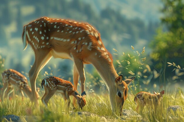 A family of deer grazing in a meadow