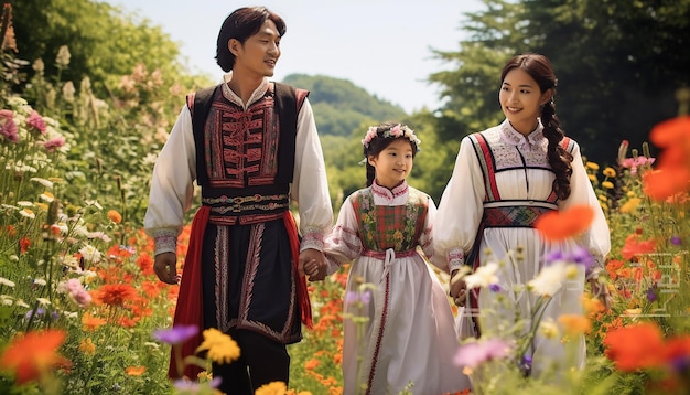 a family dressed in traditional attire walking in a blossoming spring garden