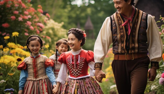 a family dressed in traditional attire walking in a blossoming spring garden