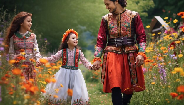 a family dressed in traditional attire walking in a blossoming spring garden