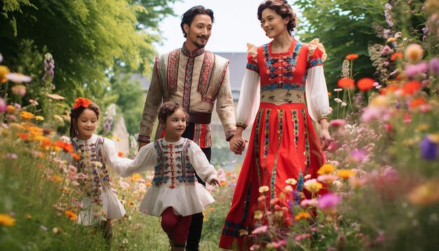 Photo a family dressed in traditional attire walking in a blossoming spring garden