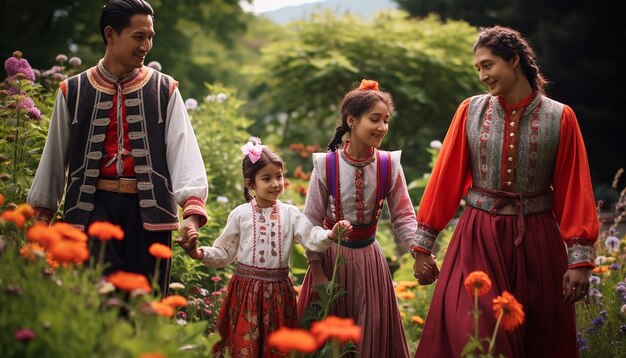 Photo a family dressed in traditional attire walking in a blossoming spring garden