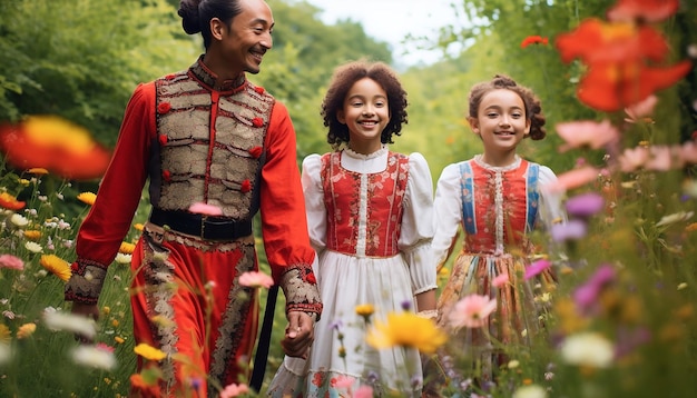 a family dressed in traditional attire walking in a blossoming spring garden