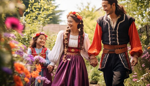 Photo a family dressed in traditional attire walking in a blossoming spring garden