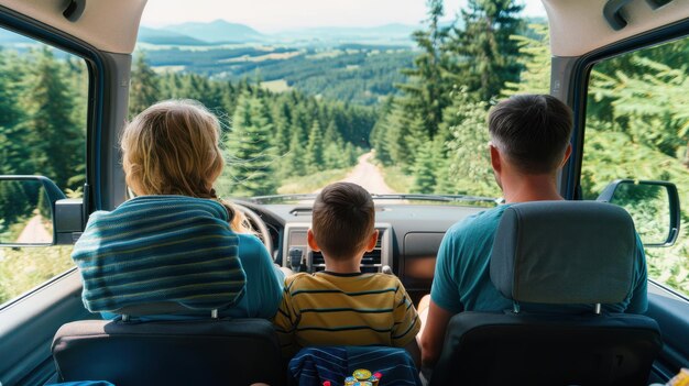 Photo family driving through scenic forest on road trip