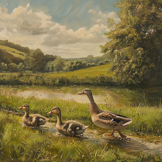 A family of ducks is walking across the meadow towards a beautiful pond