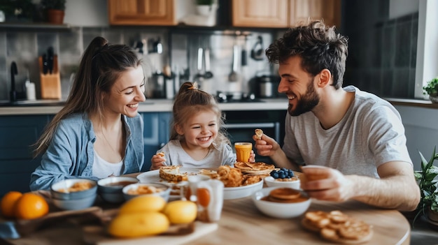 Photo a family eating breakfast together in a kitchen