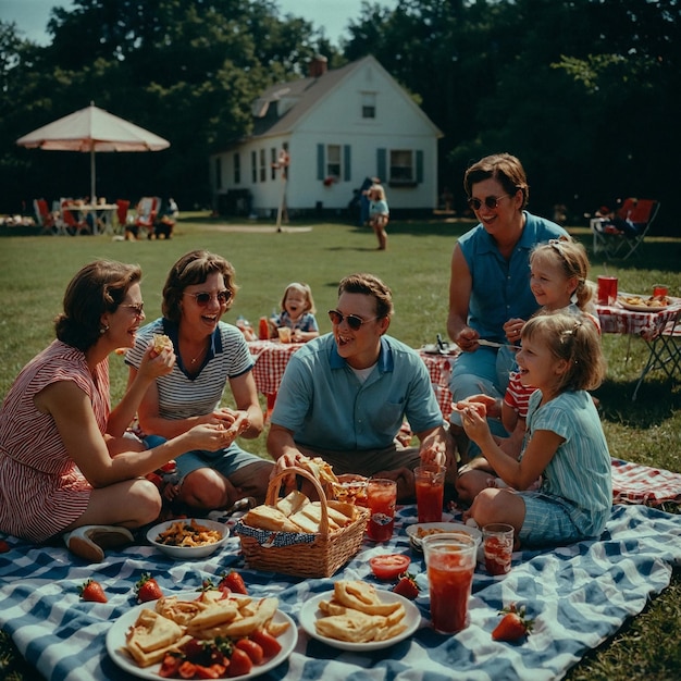 a family eating food in a park with a house in the background