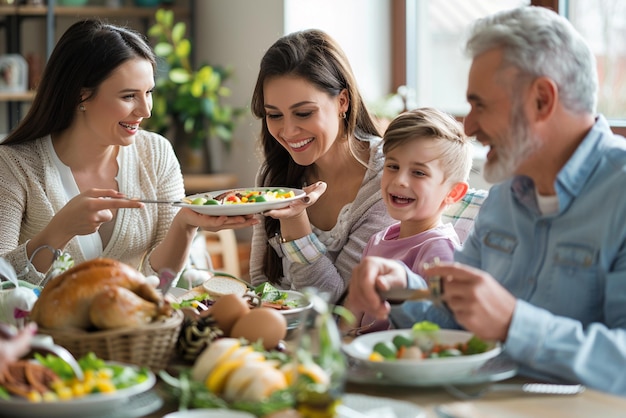 a family eating food at a table with a baby and a plate of food