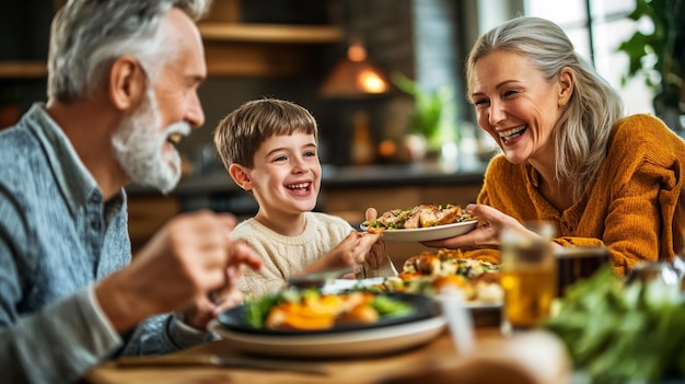 a family eating food at a table with a boy and a woman eating