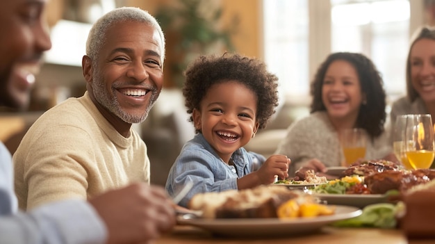 a family eating a meal together in a living room