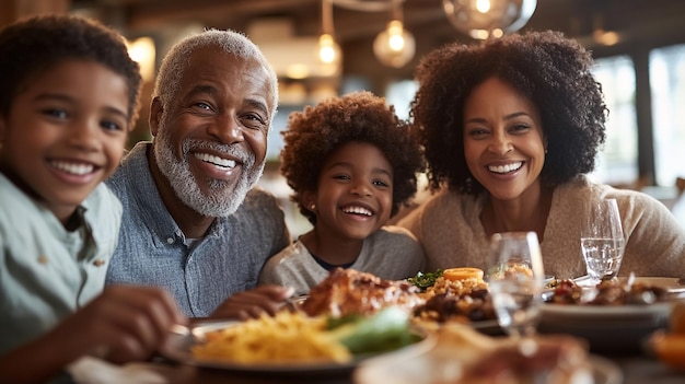 a family eating a meal together in a restaurant